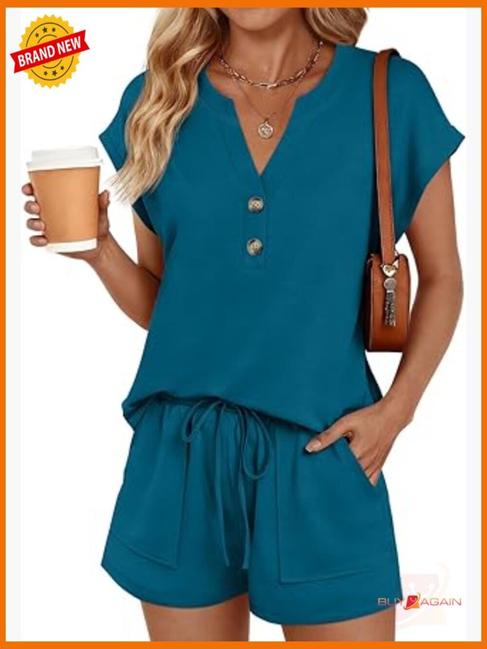 2 Piece Summer Set Henley Top & Drawstring Shorts with Pockets